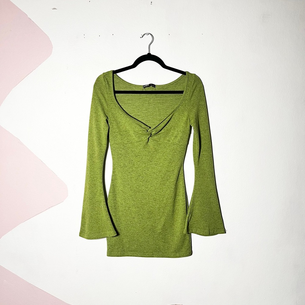 Green Bell Sleeve Mini Dress Small Retro Babydoll 70s Inspired Costume